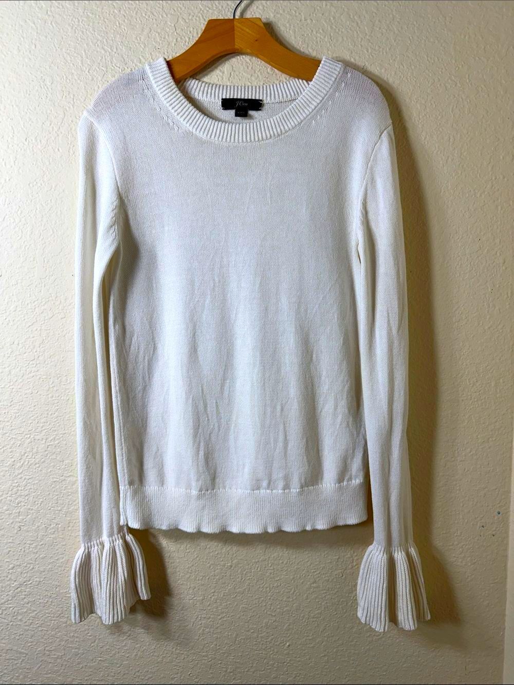 J. Crew White Ruffle Cuff Crewneck Sweater Knit Cotton Blend Size XXS